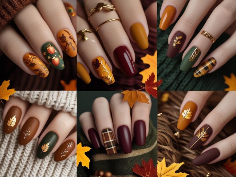 Collage of fall nail designs in warm autumn colors with leaf patterns, plaid prints, gold accents, and cozy seasonal details on various nail shapes.
