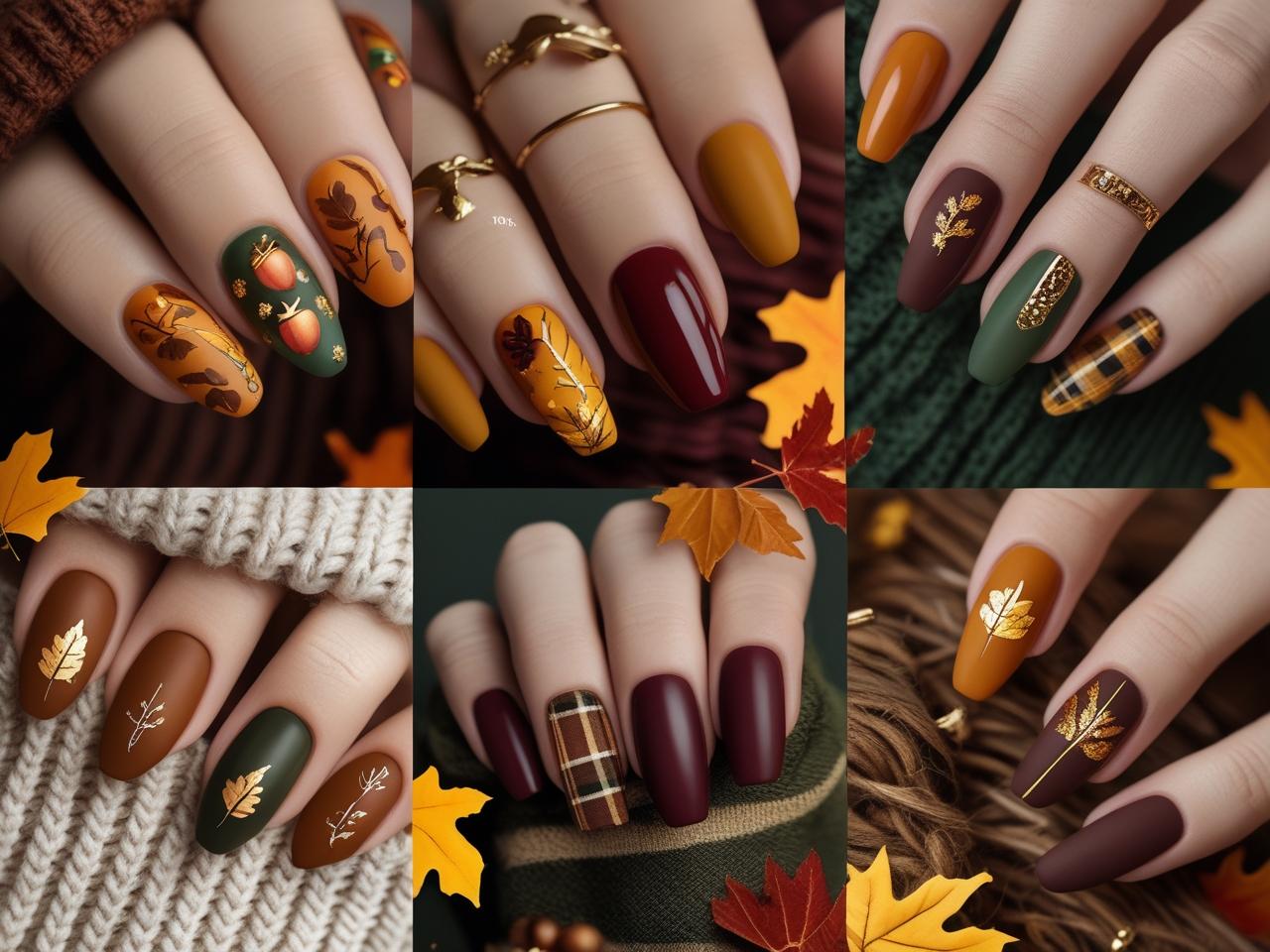 Collage of fall nail designs in warm autumn colors with leaf patterns, plaid prints, gold accents, and cozy seasonal details on various nail shapes.