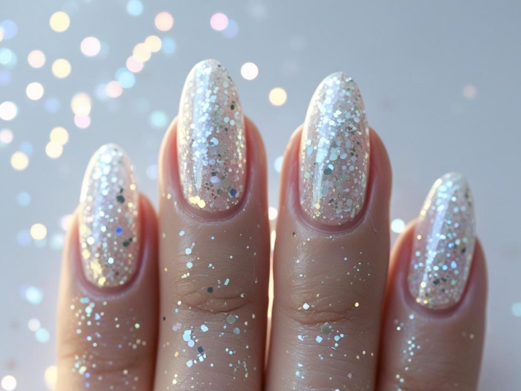 White Nail Designs 2025: Elegant and Timeless Trends for Stunning Manicures 12 White glitter nail designs with iridescent sparkle for 2025.