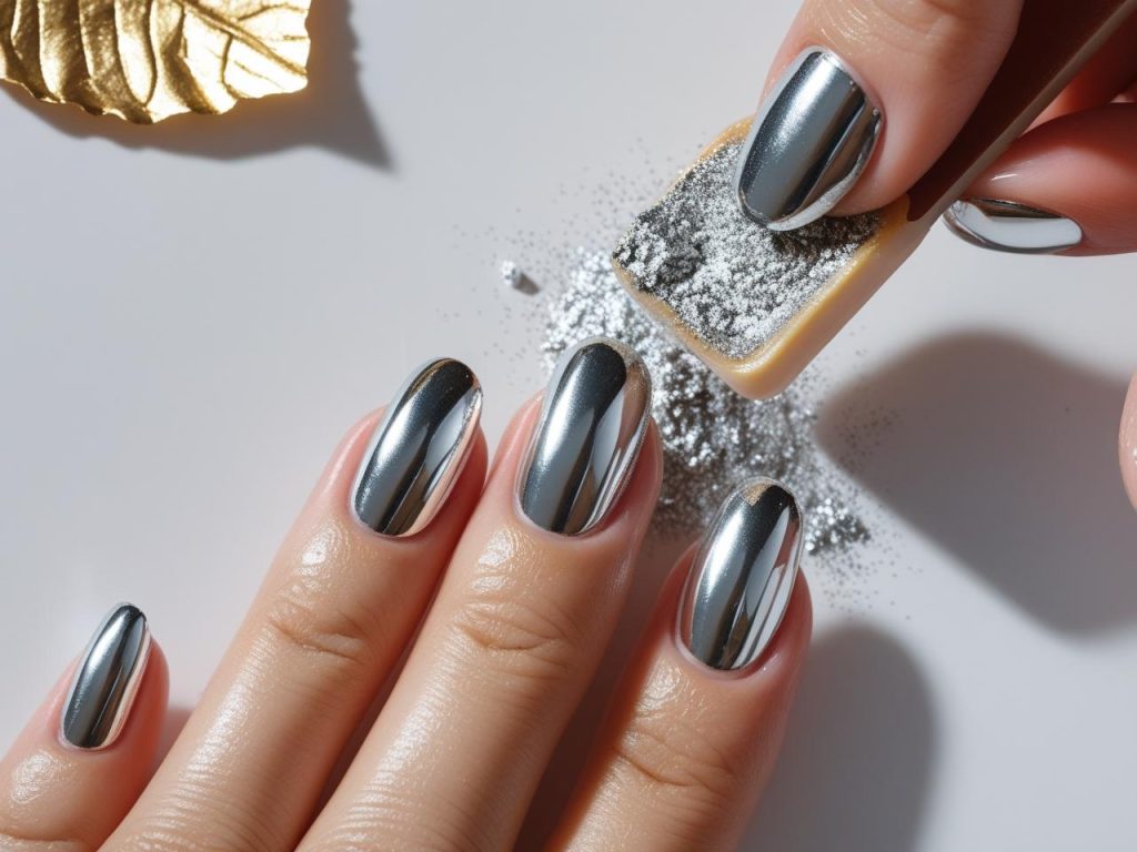 Creating chrome mirror Pinterest nail trends 2025 with metallic powder.