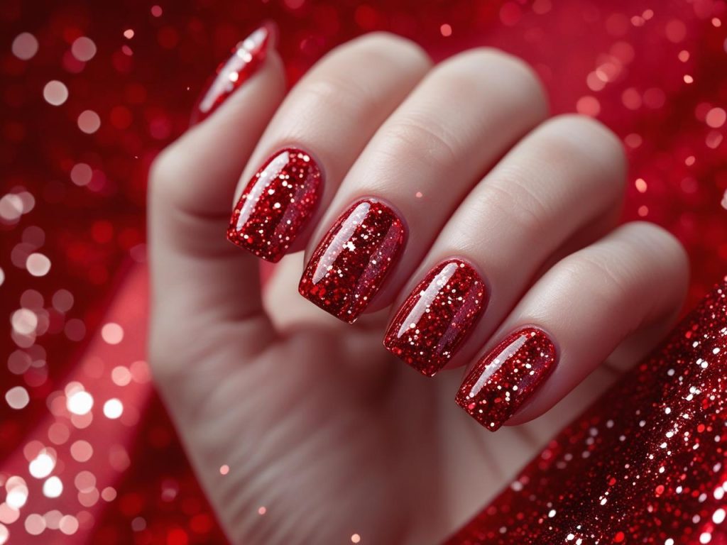 Red Nail Designs 2025: Bold and Timeless Trends for Stunning Manicures 10 “Red glitter nail designs with sparkling finish for 2025.”