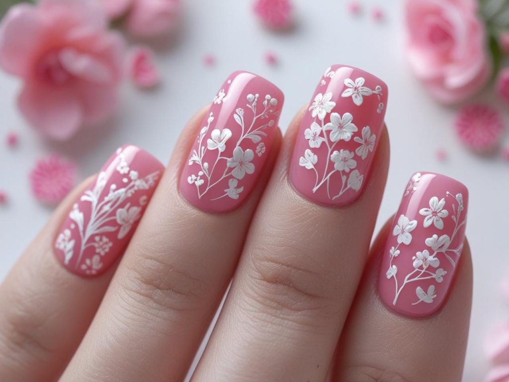 Pink Nail Designs 2025: Vibrant and Chic Trends for Stunning Manicures 10 “Pink floral nail designs with white flowers for 2025.”