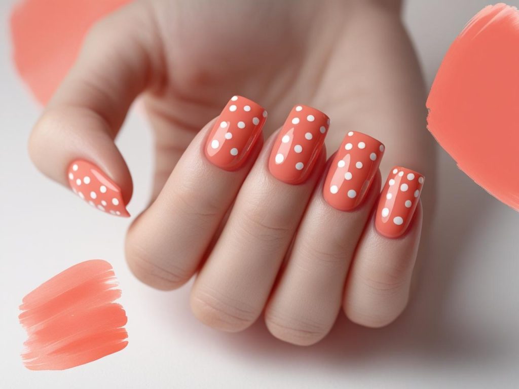 “Polka dot easy nail designs with white dots on coral.”