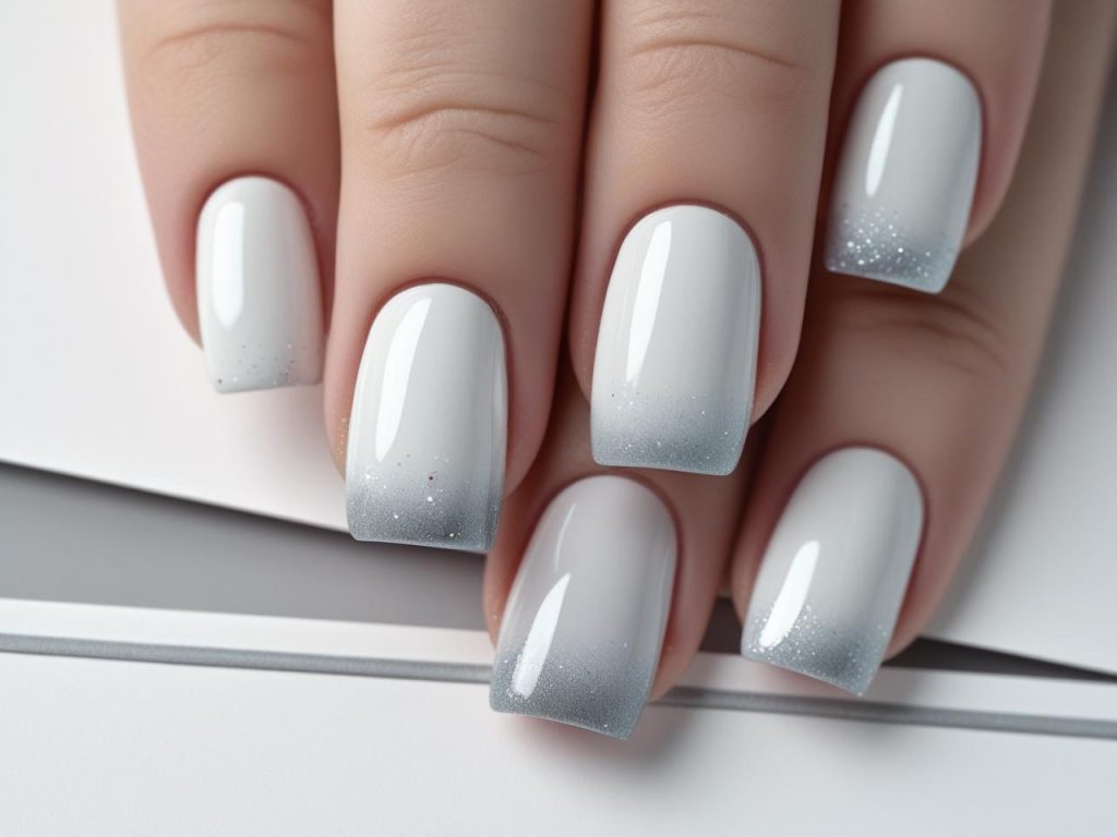  “Ombre minimalist easy nail designs with white-to-light gray gradient and shimmer.”