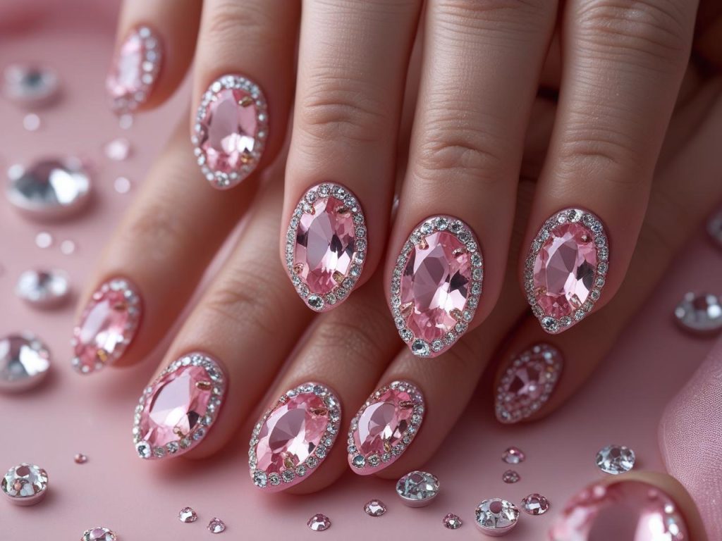Pink Nail Designs 2025: Vibrant and Chic Trends for Stunning Manicures 12 “Pink gemstone nail designs with clear gems for 2025.”