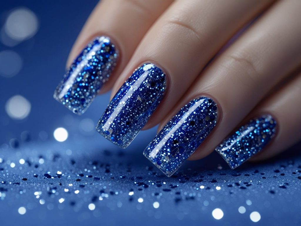  “Sapphire glitter nail designs with sparkling blue finish for 2025.”