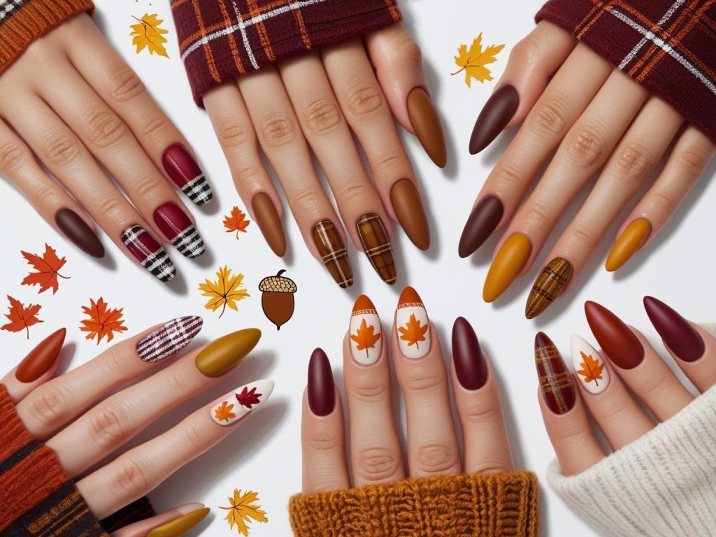 “Fall nail inspo with classic plaid, acorn accent, matte spice, and ombre maple designs for Pinterest inspiration.”
