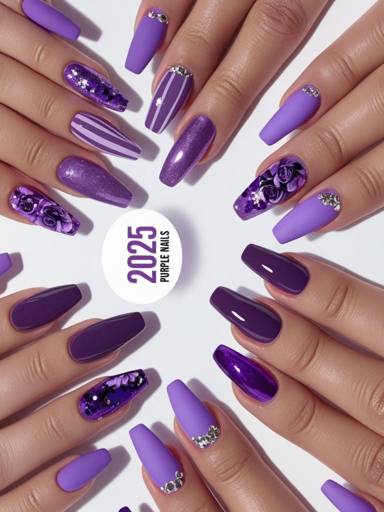 Purple Nail Designs 2025: Vibrant and Regal Trends for Stunning Manicures 2 “2025 purple nail designs with plum gloss, amethyst glitter, French tip, and floral effects for Pinterest inspiration.”