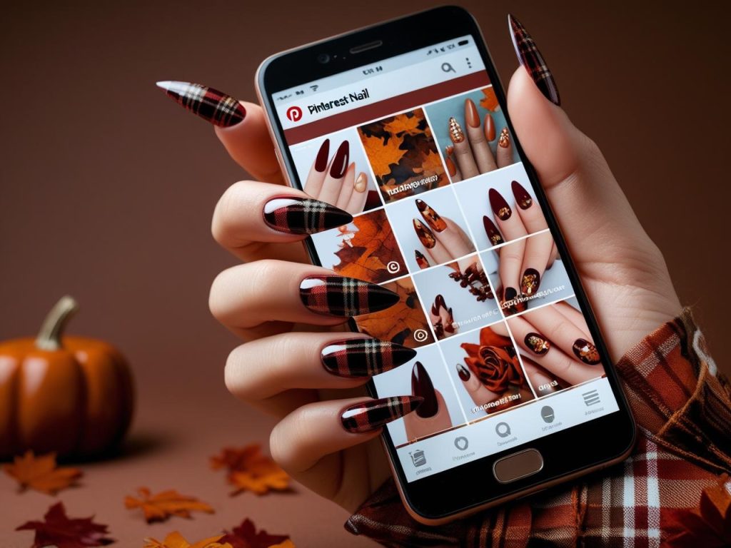 “Classic plaid fall nail inspo with burgundy and brown plaid on a Pinterest board, showcasing rustic nail trends.”