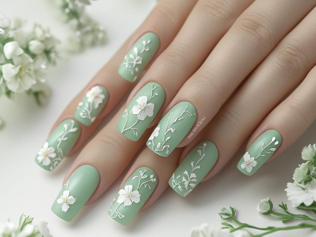 “Green floral nail designs with white flowers for 2025.”