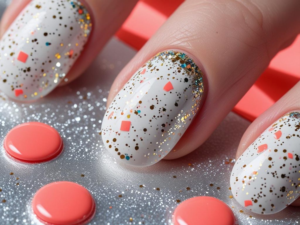 “Confetti accent DIY nail art designs with multicolored glitter on white.”