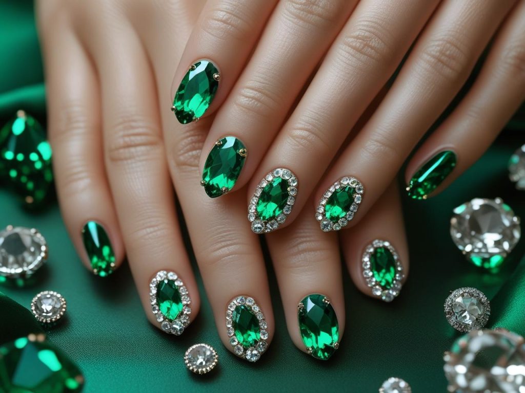  “Green gemstone nail designs with clear gems for 2025.”