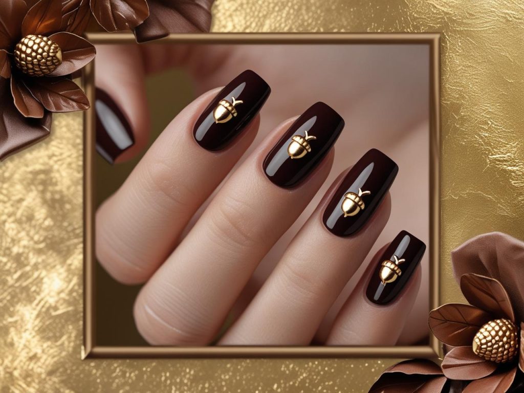  “Acorn accent fall nail inspo designs with gold decals on deep brown.”