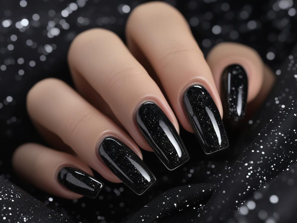 Black Nail Designs 2025: Bold and Edgy Trends for Stunning Manicures 6 “Obsidian glitter nail designs with sparkling black finish for 2025.”