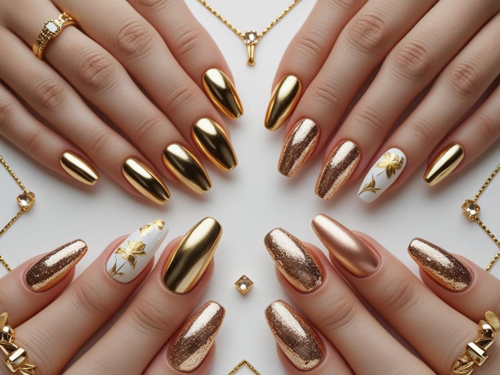 “2025 gold nail designs with foil, glitter, French tip, and floral effects for Pinterest inspiration.”