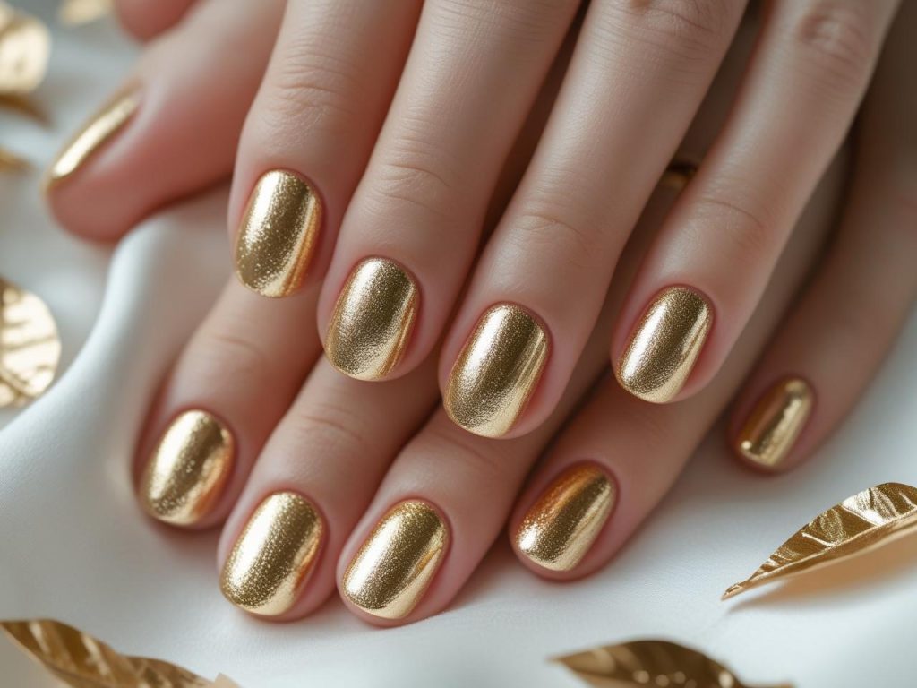 Gold foil nail designs with metallic gold finish for 2025.”