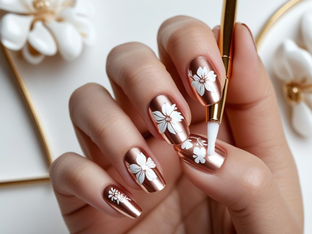 “Creating gold floral nail designs for 2025 inspiration.”