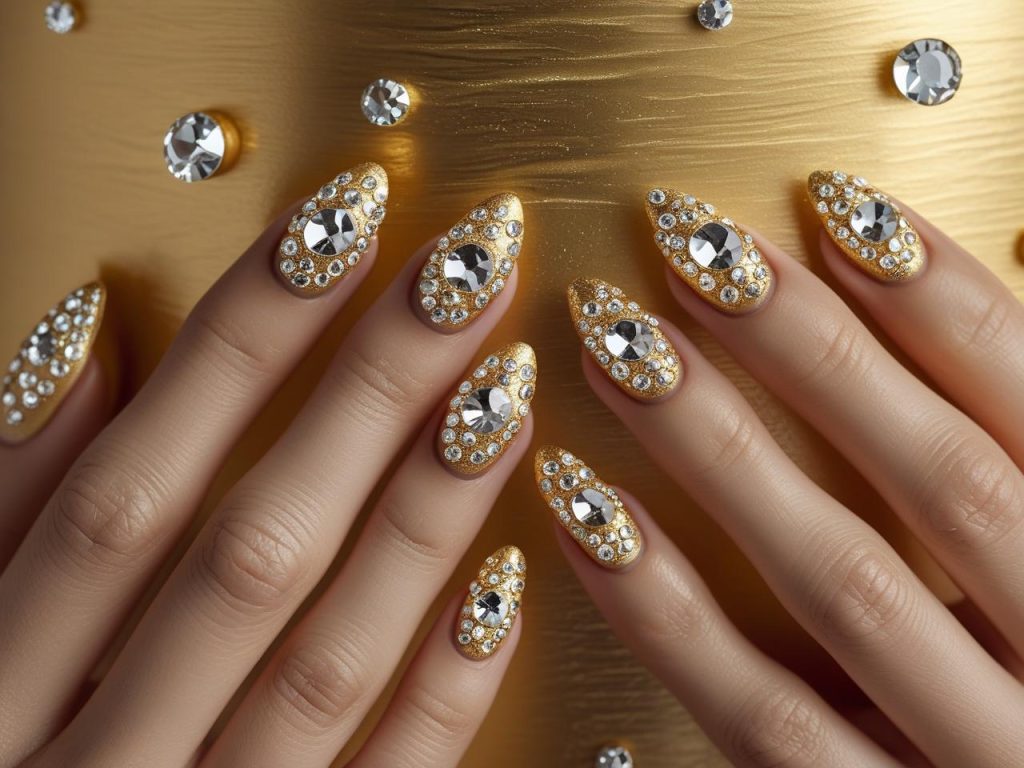 “Gold gemstone nail designs with clear gems for 2025.”