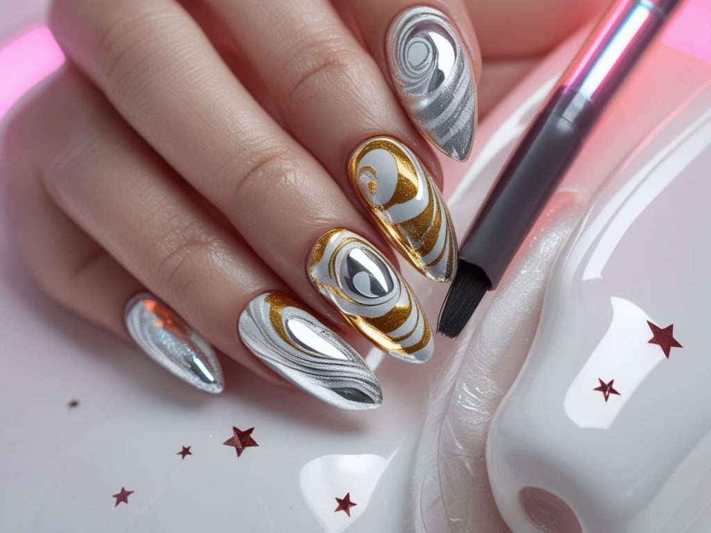  Creating retro-futuristic chrome TikTok nail ideas with metallic swirls.
