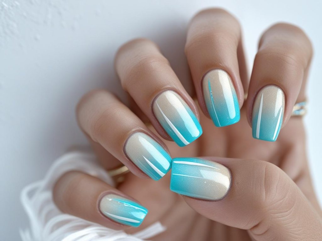 Beach Vibes Nails 2025: Coastal and Breezy Trends for Stunning Manicures 11 “Wave ombre beach vibes nail designs with blue-to-sandy beige gradient and shimmer for 2025.”