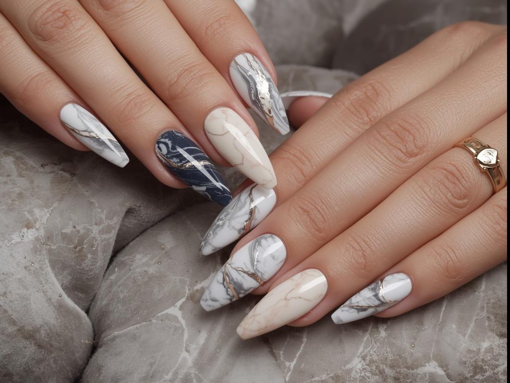  Marble nail designs with white-gray, pink-gold, navy-silver, and beige-rose gold swirls for Pinterest inspiration.