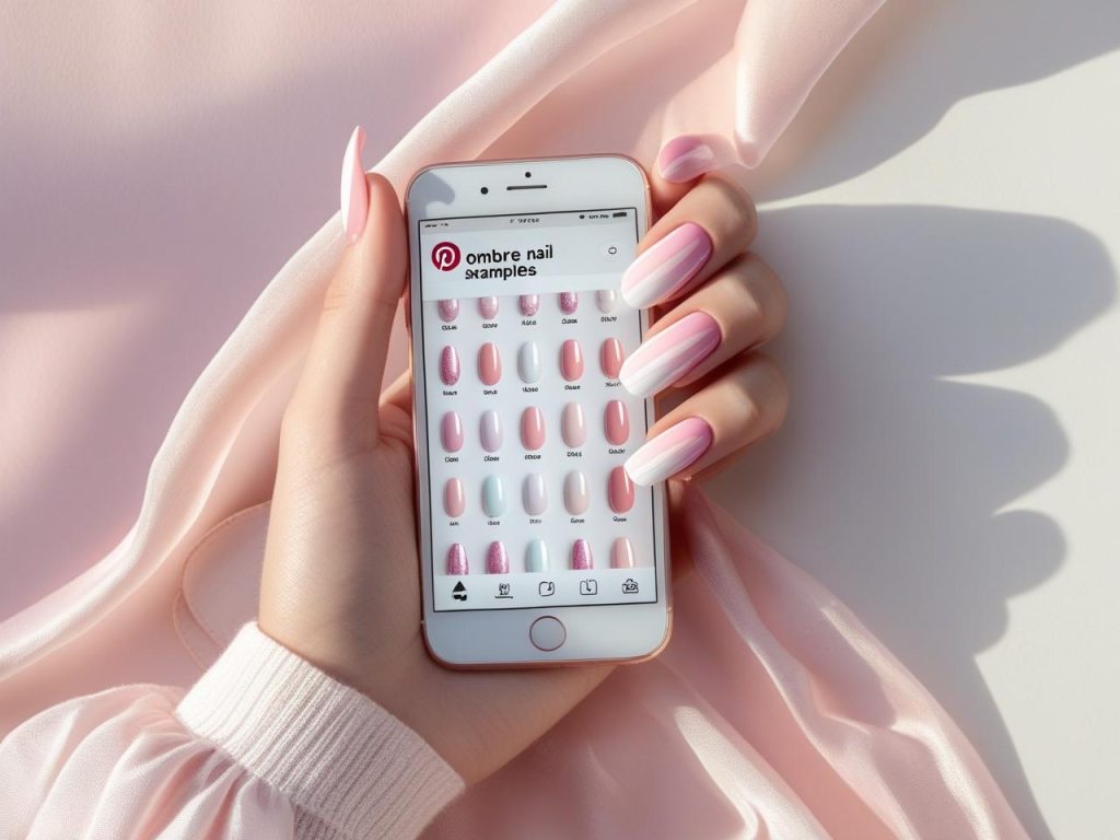 “Pastel ombre nails with pink-to-white gradient on a Pinterest board, showcasing 2025 ombre nail trends.”