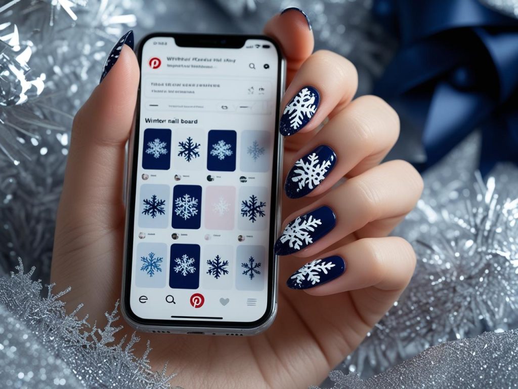 Winter Nail Inspo: Cozy and Glamorous Trends for Stunning Manicures 3 “Classic snowflake winter nail inspo with white snowflakes on a Pinterest board, showcasing cozy nail trends.”