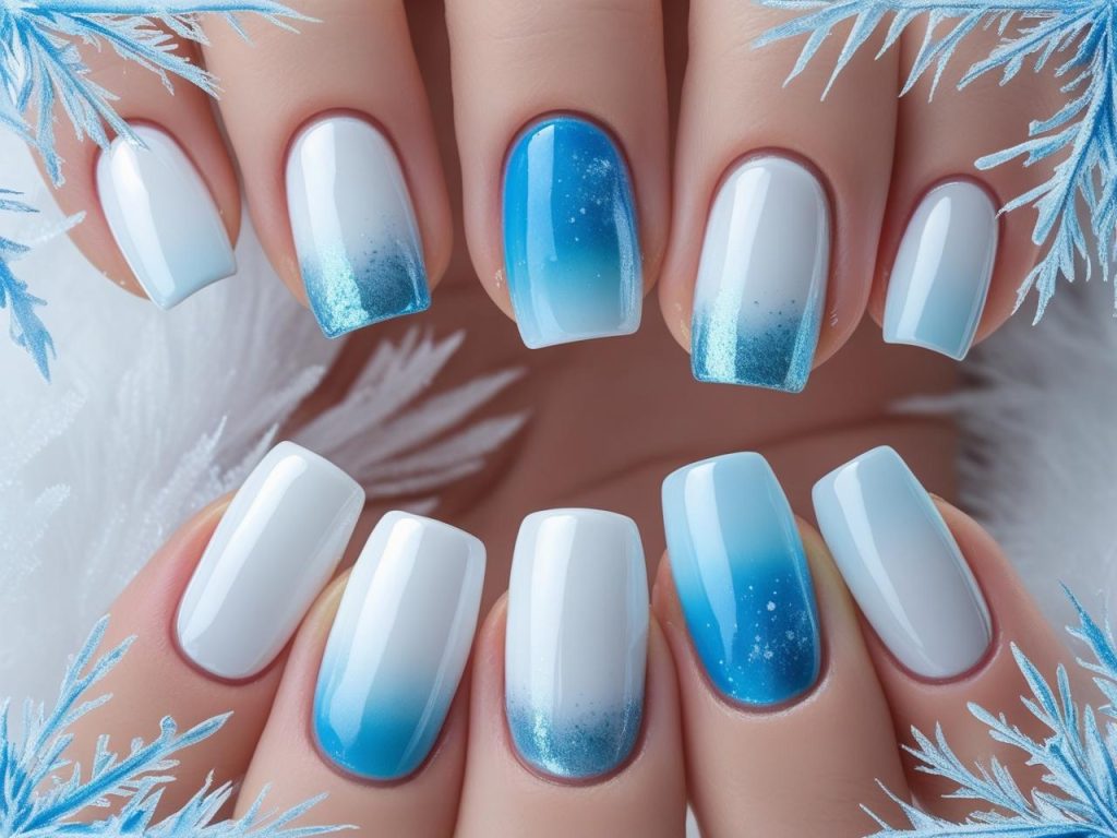 Winter Nail Inspo: Cozy and Glamorous Trends for Stunning Manicures 11 “Ombre frost winter nail inspo designs with white-to-icy blue gradient and shimmer.”