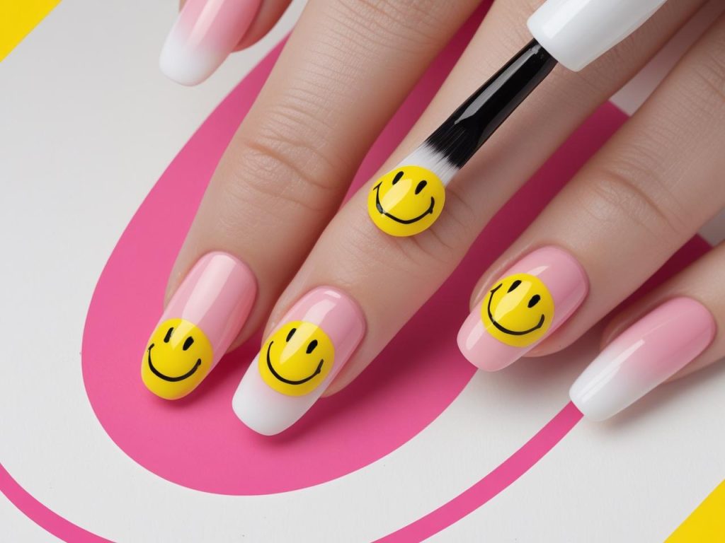 Cute Summer Nails: Playful and Chic Trends for Stunning Manicures 11 Show a hand applying ombre smiley nails with a fine brush, adding yellow smiley faces to a pink-to-white gradient base. Use a white background with pink and yellow accents for a Pinterest aesthetic.