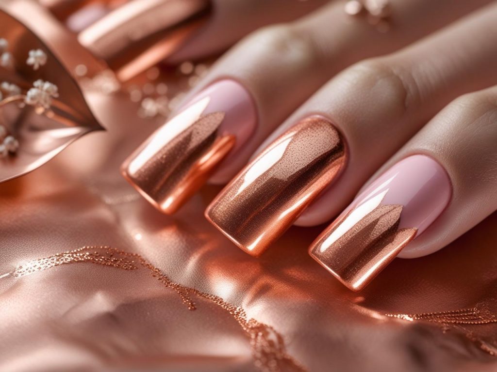 Copper metallic nail designs with warm reflective finish for 2025.”