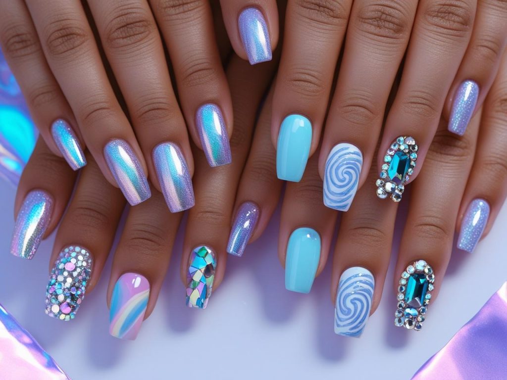 2026 nail trends with holographic, textured, abstract, and gemstone designs for Pinterest inspiration