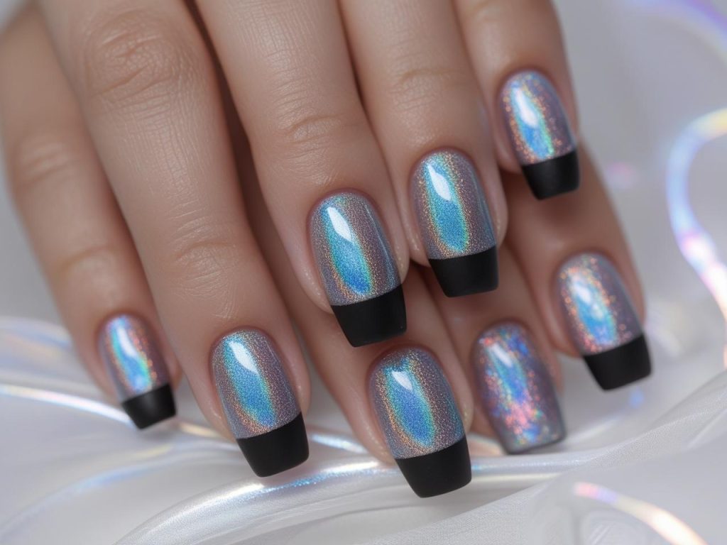 Holographic nail trends 2026 with an iridescent finish on black polish