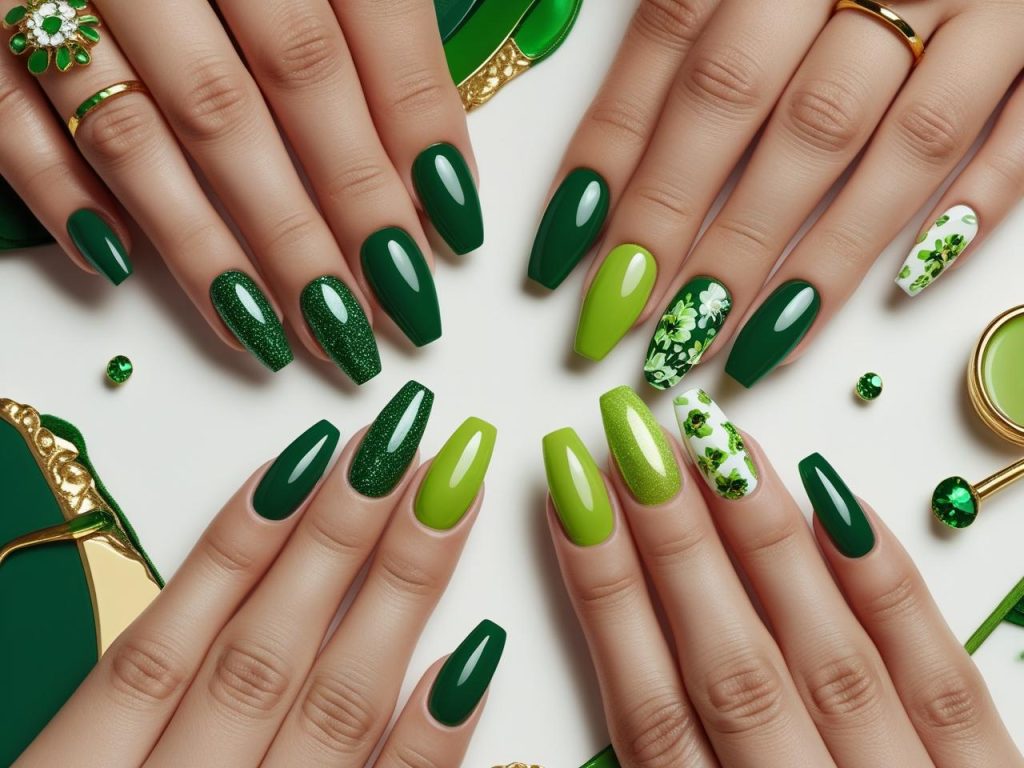 “2025 green nail designs with emerald gloss, lime glitter, French tip, and floral effects for Pinterest inspiration.”