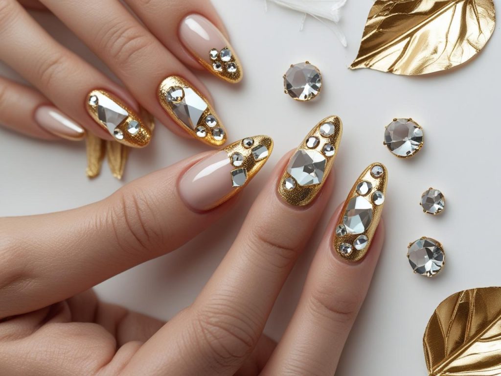  “Creating metallic gemstone nail designs for 2025 inspiration.”