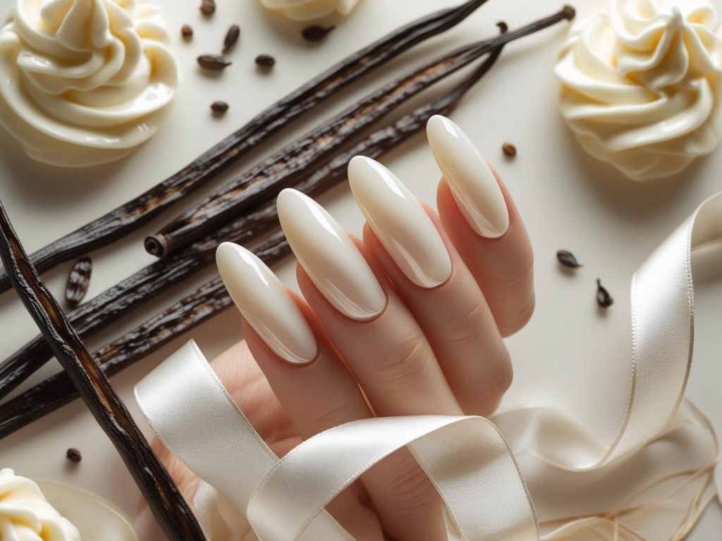 Glossy vanilla glaze tip glazed donut nails with creamy white tips