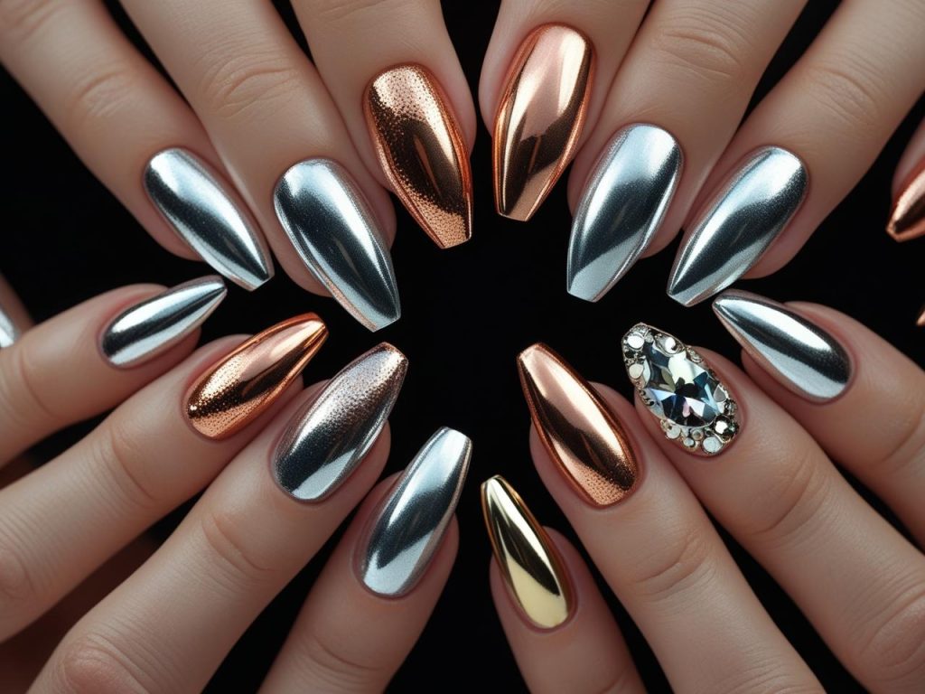 2025 metallic nail designs with silver chrome, copper, French tip, and gemstone effects for Pinterest inspiration