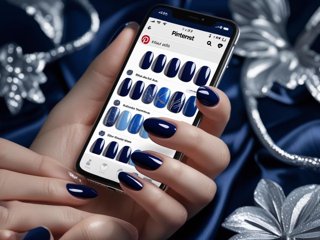 “Navy gloss round nails on a Pinterest board, showcasing 2025 blue nail trends.”