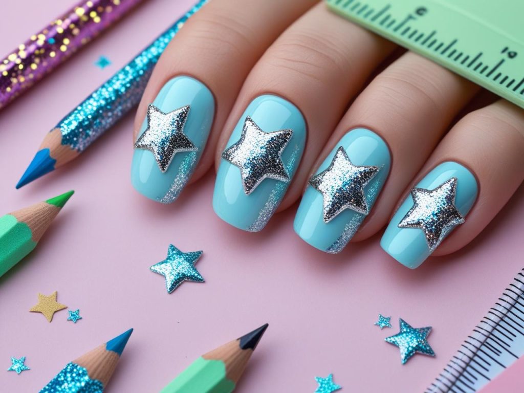 Glitter star nails 6th grade trends with silver star designs