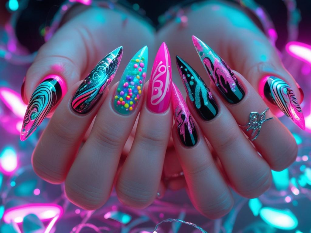  TikTok nail ideas with chrome swirls, skittle bursts, velvet ombre, and neon drip splashes for Pinterest inspiration