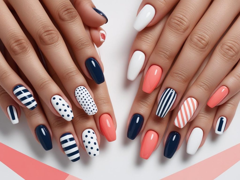 Easy nail designs with classic stripe, polka dot, geometric accent, and ombre minimalist designs for Pinterest inspiration