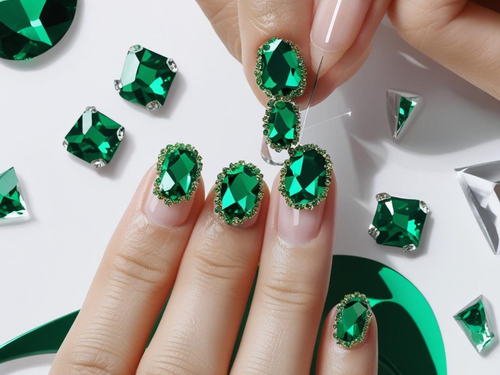 Creating gemstone nail trends 2026 with emerald green accents