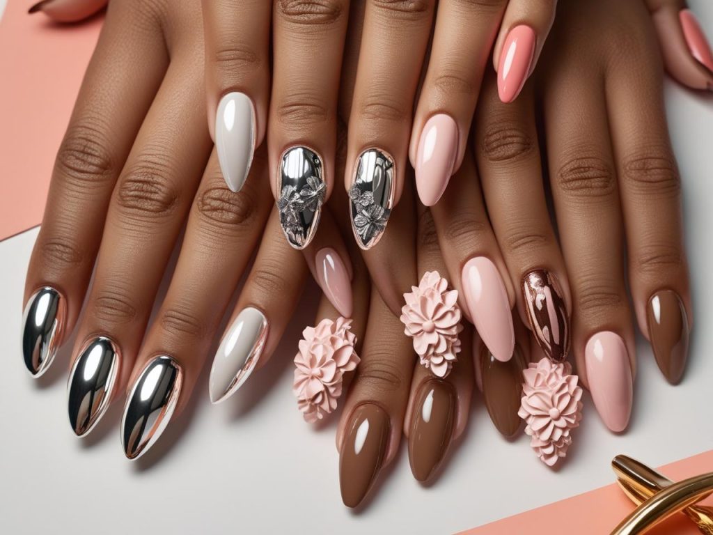 2025 Pinterest nail trends with chrome, soap, mocha mousse, and 3D floral designs for inspiration