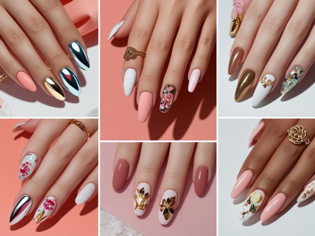Top 2025 Pinterest nail trends featuring chrome, soap, mocha mousse, and 3D floral designs for inspiration