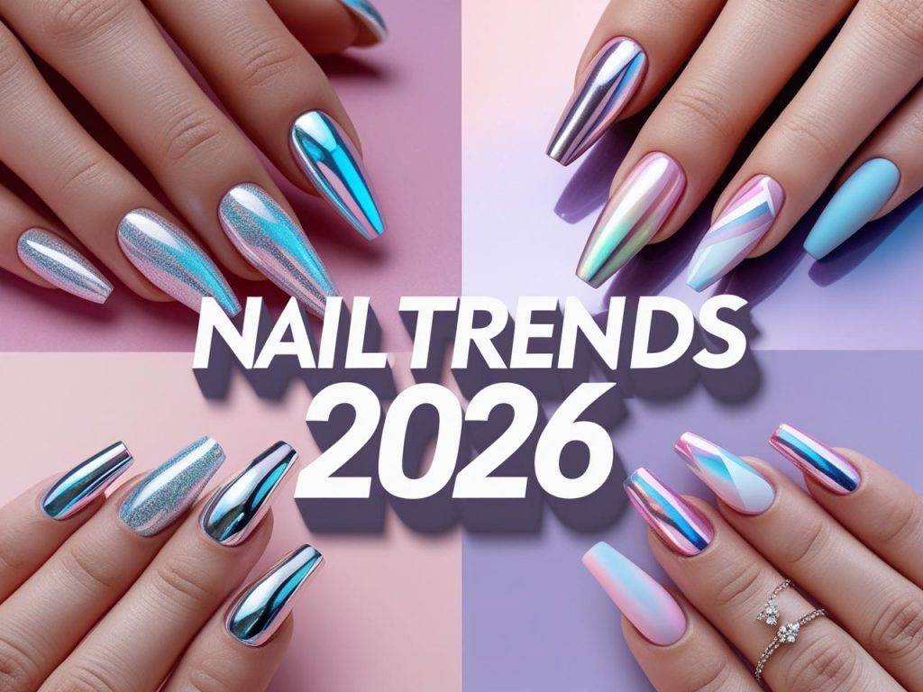 Collage of 2026 nail trends featuring chrome nails, holographic designs, pastel tones, bold geometric patterns, and minimalistic styles on almond and square nail shapes with a futuristic gradient background.