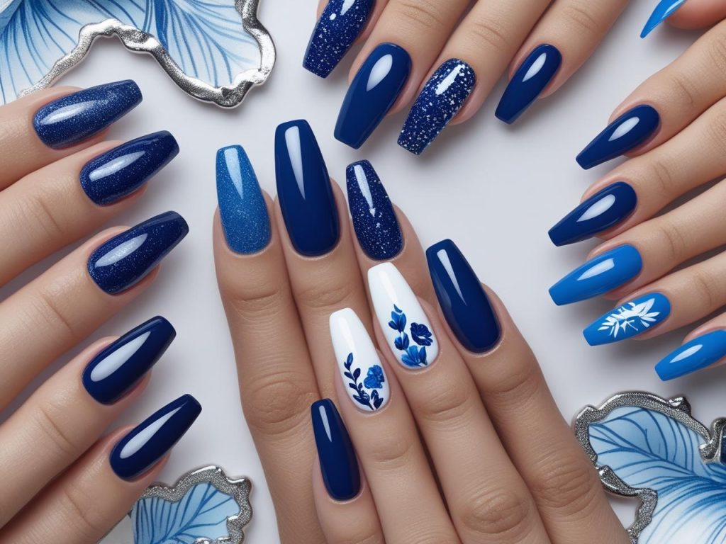 “2025 blue nail designs with navy gloss, sapphire glitter, French tip, and floral effects for Pinterest inspiration.”