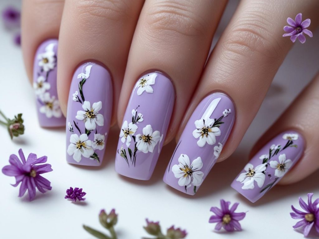 Purple Nail Designs 2025: Vibrant and Regal Trends for Stunning Manicures 10 “Purple floral nail designs with white flowers for 2025.”