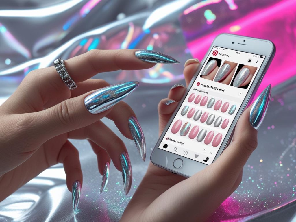  “Chrome metallic trending nail designs with silver polish on a Pinterest board, showcasing bold nail trends.”