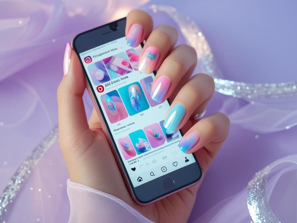  Aura Instagram nail trends 2025 with gradient pastel polish on an Instagram feed.