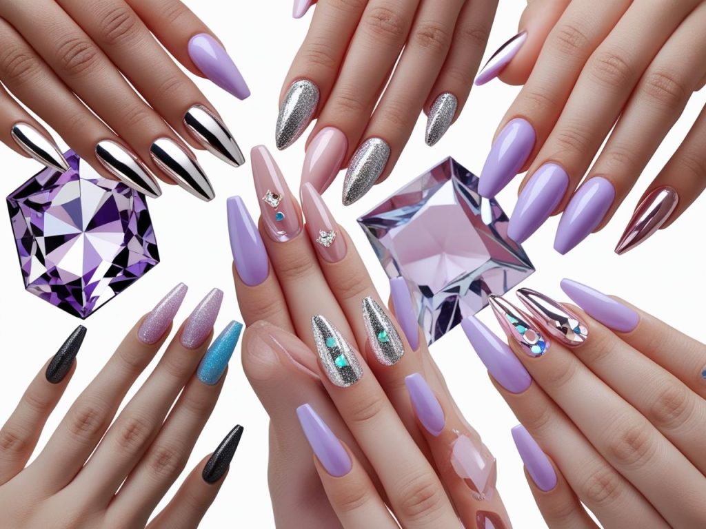  Top 2025 Instagram nail trends featuring chrome, aura, micro French, and 3D gem designs for Pinterest inspiration.