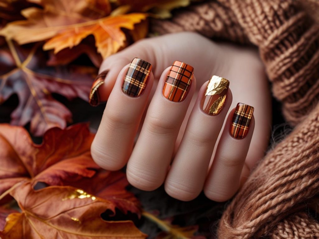  Autumn nail designs with plaid patterns, orange ombré, leaf accents, and copper foil tips for Pinterest inspiration.